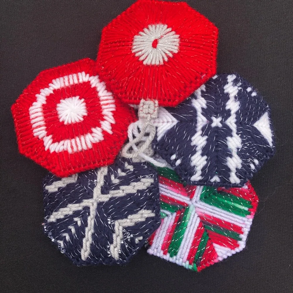 Vintage Handmade Plastic Canvas Needlepoint Christmas Ornaments - Set of 16